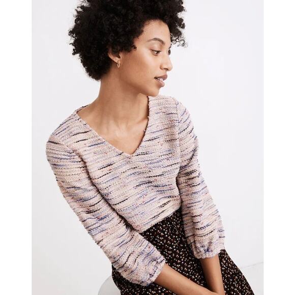 Madewell Marled Rainbow Jacquard V Neck Top Womens Medium Retro Grandmacore - Picture 1 of 9